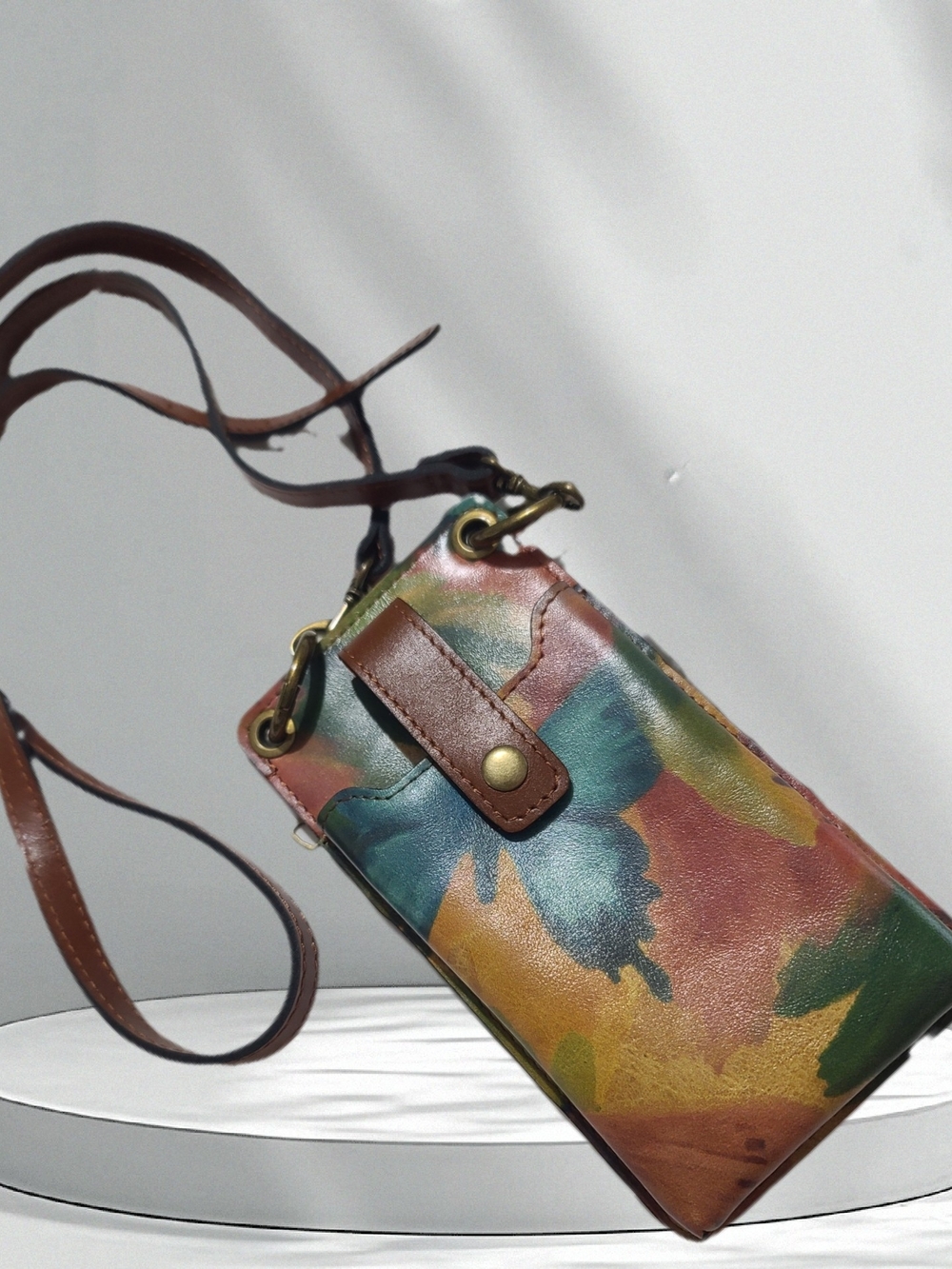 Multicolor Leather Crossbody Phone Bag with Brown Trim